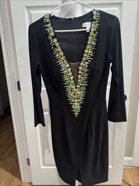 ASL Black Long-Sleeve V-Neck Dress with Green Beaded Trim